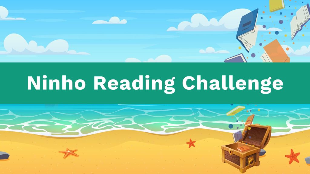A template with a beach, a treasure cage full of books and the words 'Ninho Reading Challenge'